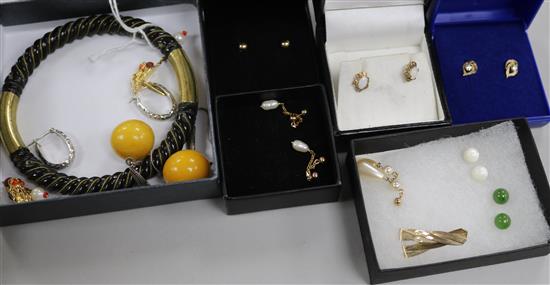 Eleven pairs of assorted earrings including amber and a metal mounted bangle